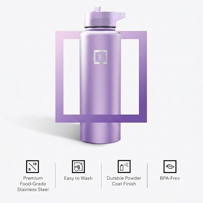IRON °FLASK 40 oz Wide Mouth Water Bottle with Straw | Insulated Stainless Steel Sports Water Bottle with Leakproof Straw Lid - BPA Free, Cold 24 Hrs, Sweat Free (Lavender)