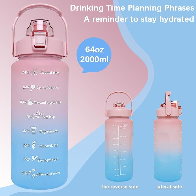 64 oz Large Capacity Water Bottle with Motivational Time Markers and Straw, Portable, Leakproof, BPA Free for Fitness, Gym and Outdoor Sports. (Pink)