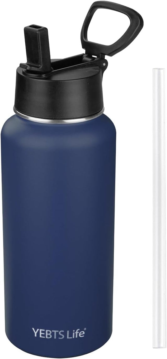 Insulated Water Bottle With Straw,32 oz Vacuum Insulated Stainless Steel Sports Water Flask,Keeps Cold and Hot,Metal Water Bottle Wide Mouth for Gym Travel Camping (Nave blue)