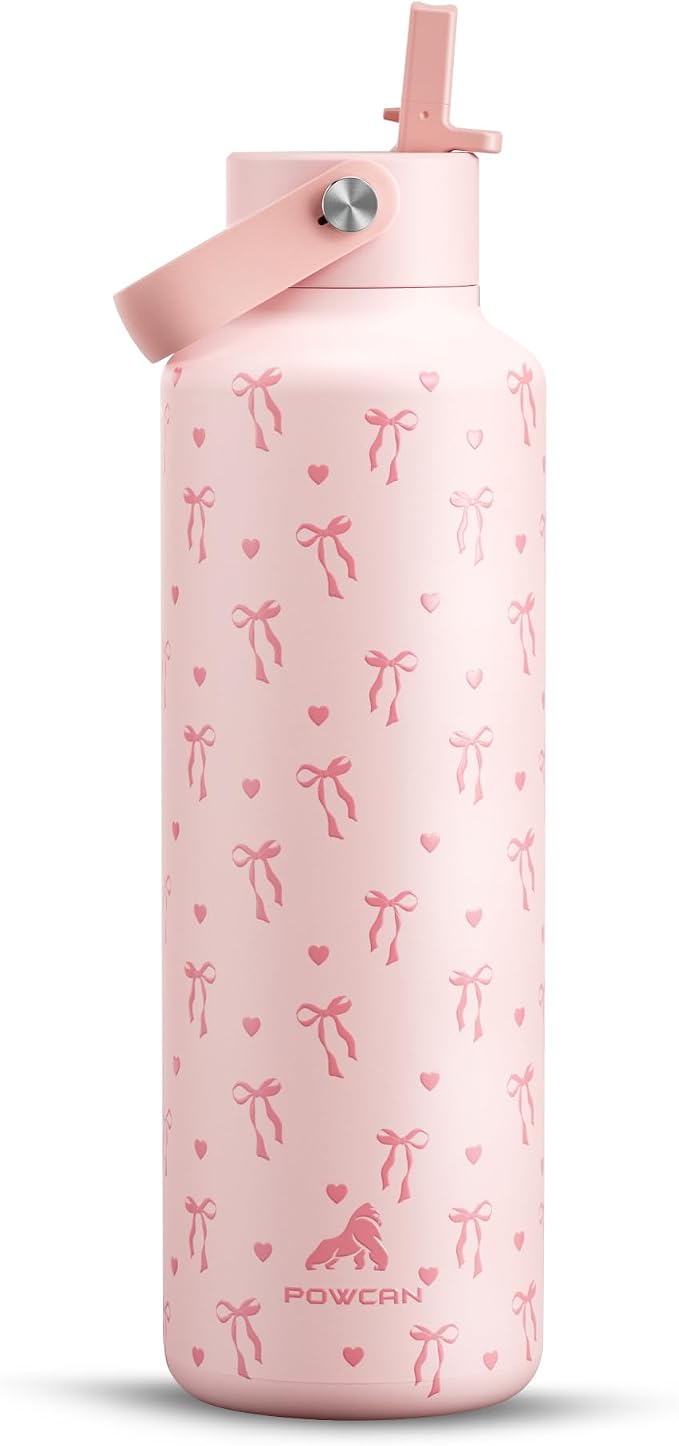 POWCAN 24 oz Insulated Water Bottle: Leakproof, Cup Holder Friendly, Cold for 24H, BPA-free, Top Handle, Double Walled Metal Water Bottle for Student, Girl, School, Camping, Daily (Sweetheart Bow)