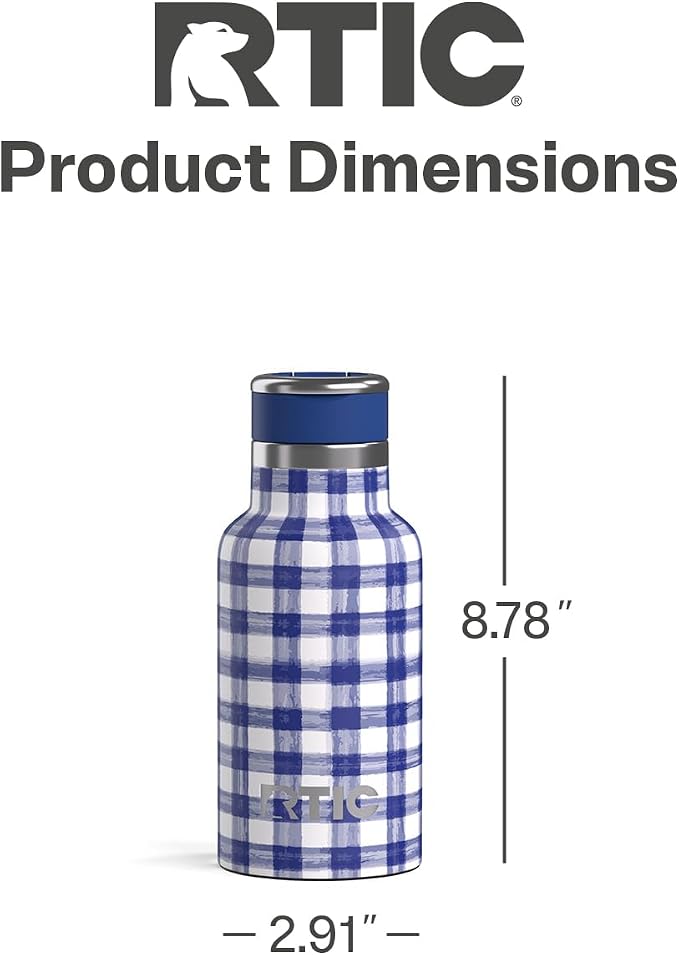 RTIC Little Journey Water Bottle with Straw, Ceramic-Lined, Insulated, Stainless Steel, Metal, Double Wall Vacuum-Insulation, Leak-Proof Lid, BPA-Free Water Flask for Sports, Travel, Cobalt Gingham