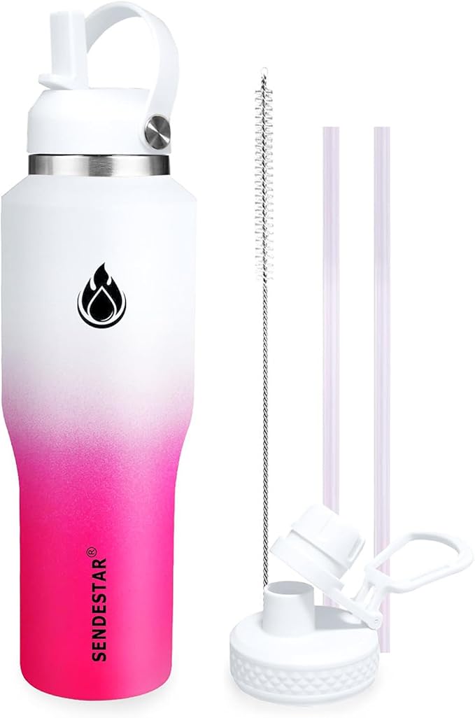 SENDESTAR 40oz Stainless Steel Water Bottle(Cold for 48 Hrs, Hot for 24 Hrs),Double Wall Vacuum Insulated Bottle with Straw Lid, Spout Lid and Flex Cap, Fit in Any Car Cup Holder