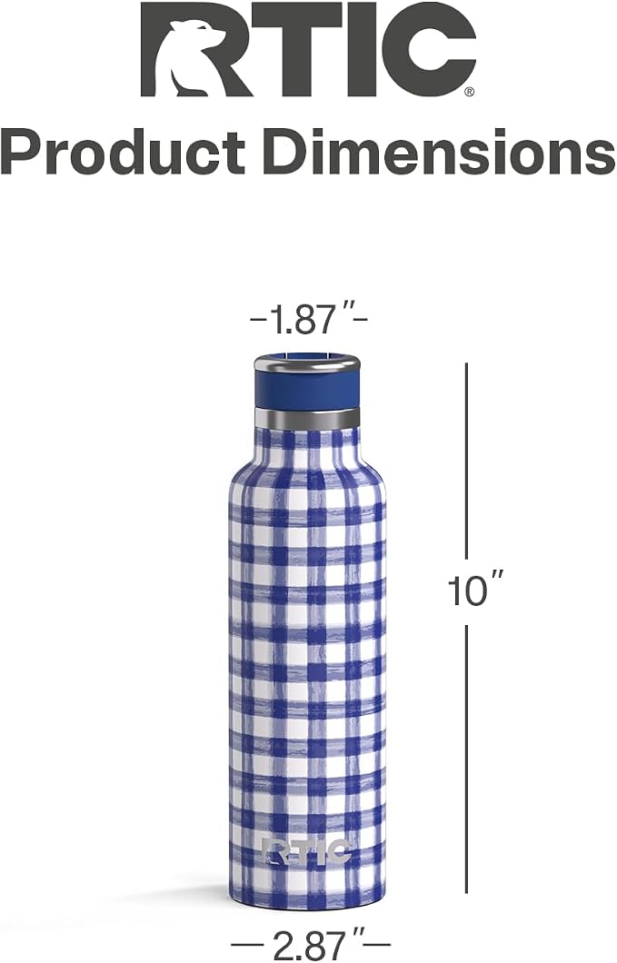 RTIC 20oz Journey Water Bottle Ceramic Lined Metal Stainless Steel Vacuum Insulated, BPA Free, Reusable, for Water, Hot and Cold Drinks, Travel, Sports, Camping, Cobalt Gingham