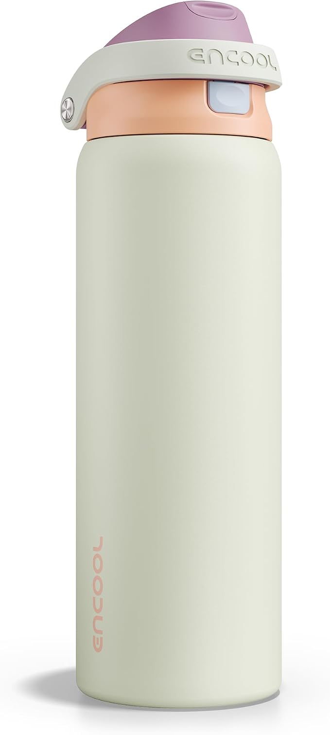 ENCOOL Leakproof Insulated Water Bottle with Straw Dual-Sip Water Bottle Bag-Safe Design for Work, Commute & Gym – Keeps Drinks Cold All Day, 32 oz, Sand Beige