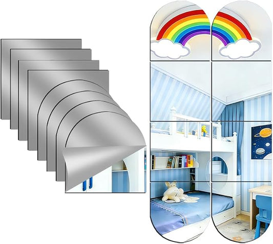 8-piece set of acrylic wall mounted mirrors, 8x8 inch self-adhesive frameless square combined with curved makeup lenses, flexible plastic lenses for bedrooms, home use, gym doors (8pcs - 8‘’×8‘’)