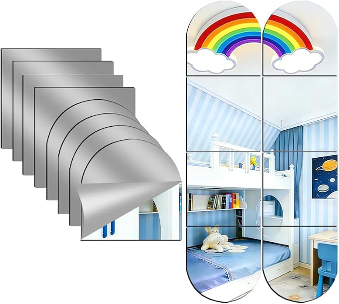 8-piece set of acrylic wall mounted mirrors, 12x12 inch self-adhesive frameless square combined with curved makeup lenses, flexible plastic lenses for bedrooms, home use, gym doors (8pcs - 12‘’×12‘’)