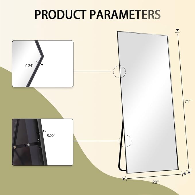 BEAUTYPEAK Full Length Mirror, 71"x26" Standing Hanging or Leaning Against Wall Floor Mirrors Body Dressing Wall-Mounted for Living Room, Bedroom with Aluminum Alloy Thin Frame, Black | Standing Hanging or Leaning Against Wall Body Dressing Wall-Mounte...