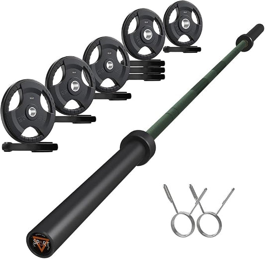 7FT Olympic Barbell Bar with Weight Plate Set Combo, Solid Olympic Bar with Bearings, 700Lbs Capacity Weight Bar for Home Gym Strength Training, Weightlifting, Powerlifting, Fit for 2" Olympic Plates