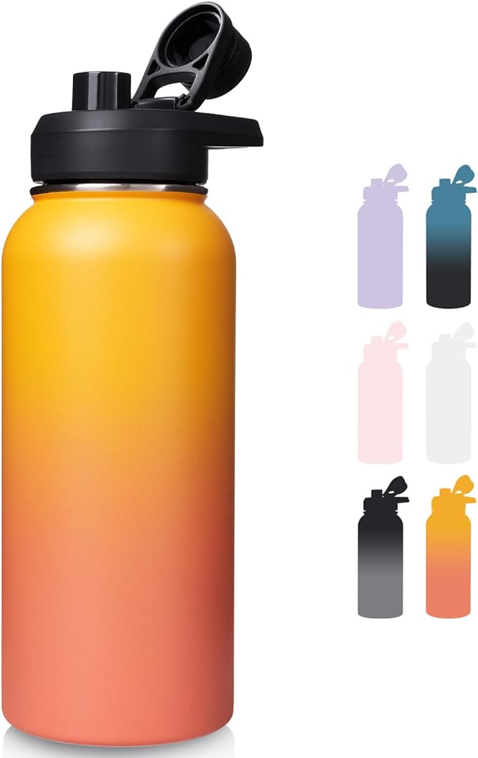 Fijinhom Insulated Water Bottle with Handle, 304 Stainless Steel Water Bottles with Wide Mouth, Double Wall Vacuum Sports Water Bottle, BPA Free, Keep Cold and Hot, 32 Ounces Yellow&Orange