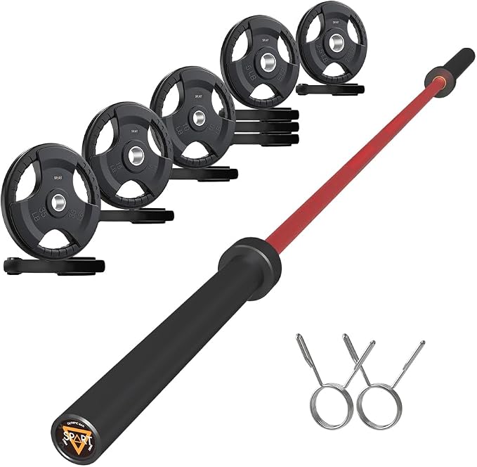 7FT Olympic Barbell Bar with Weight Plate Set Combo, Solid Olympic Bar with Bearings, 700Lbs Capacity Weight Bar for Home Gym Strength Training, Weightlifting, Powerlifting, Fit for 2" Olympic Plates