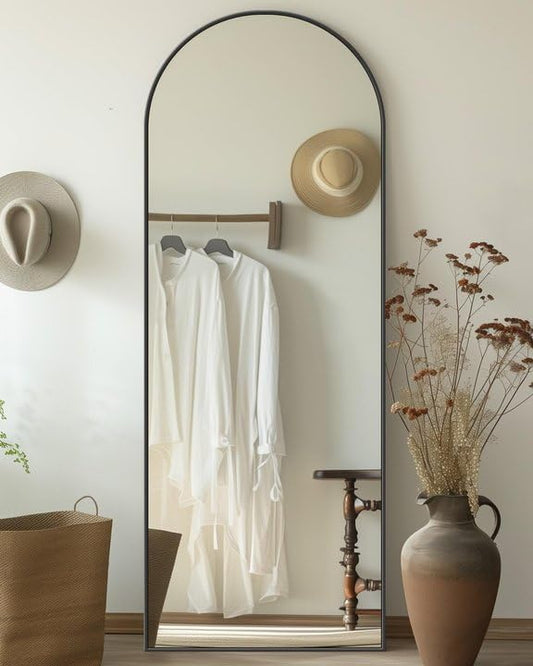 Antok Full Length Mirror, 59"x18" Floor Mirror with Stand, Hanging Mounted Mirrors for Bedroom, Living Room, Cloakroom, Dining Room, Black, Arched