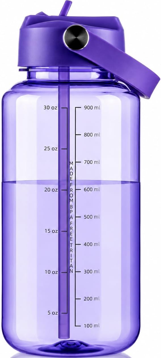 OLDLEY 32oz Water Bottle with Straw,Leakproof Tritan Clear Bottle with Marked Bottle and Carry Handle, BPA-Free Wide Mouth Reusable Sports Water Bottle for Gym,Hiking, Camping, Travel, Workout,Purple