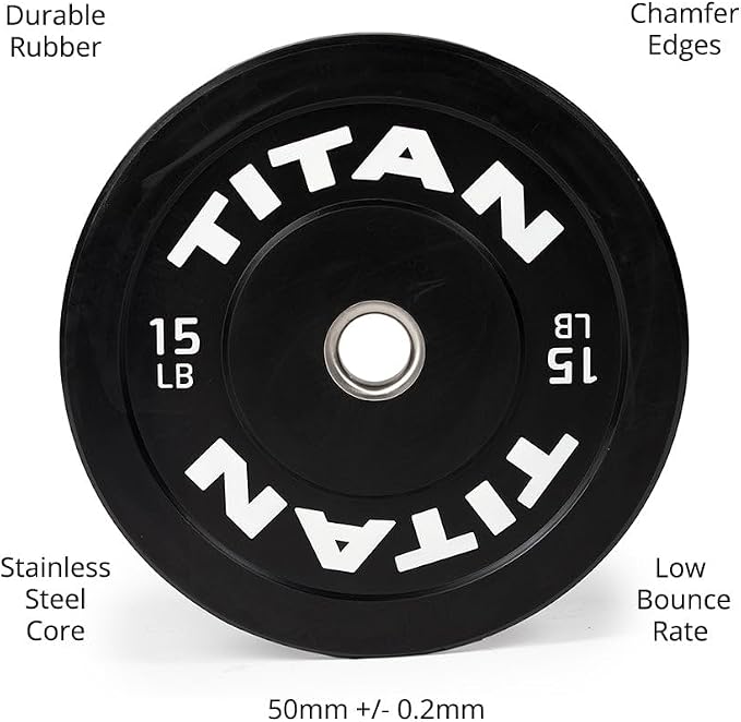 Titan Fitness Economy Series Black Olympic Bumper Plates, Durable Rubber Exterior with Steel Core, Weightlifting and Strength Training Weight Plate