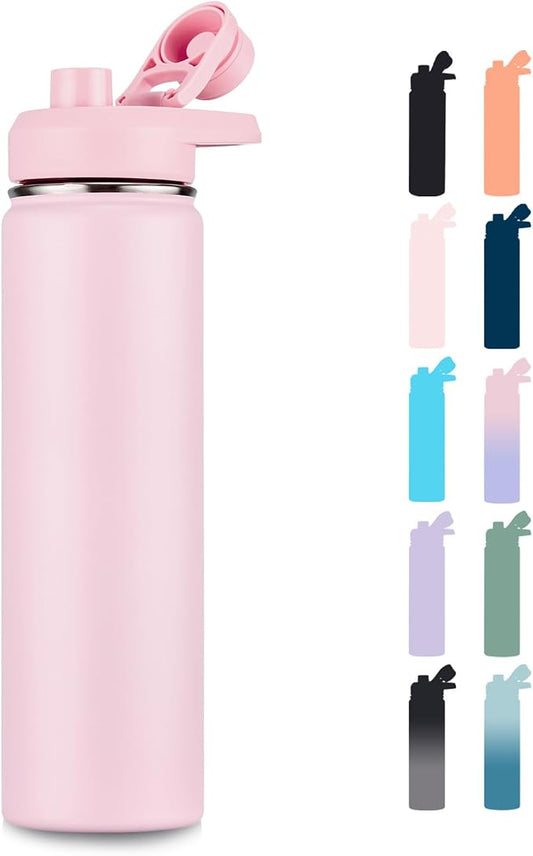 Fijinhom Insulated Water Bottle with Handle, 304 Stainless Steel Water Bottles with Wide Mouth, Double Wall Vacuum Sports Water Bottle, BPA Free, Keep Cold and Hot, 24 Ounces, Pink