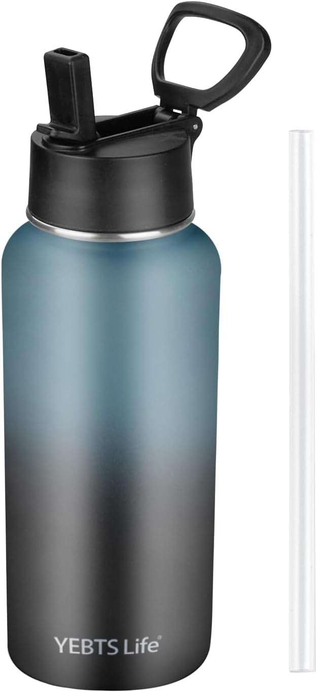 Insulated Water Bottle With Straw,32 oz Vacuum Insulated Stainless Steel Sports Water Flask,Keeps Cold and Hot,Metal Water Bottle Wide Mouth for Gym Travel Camping (Blue & Black)