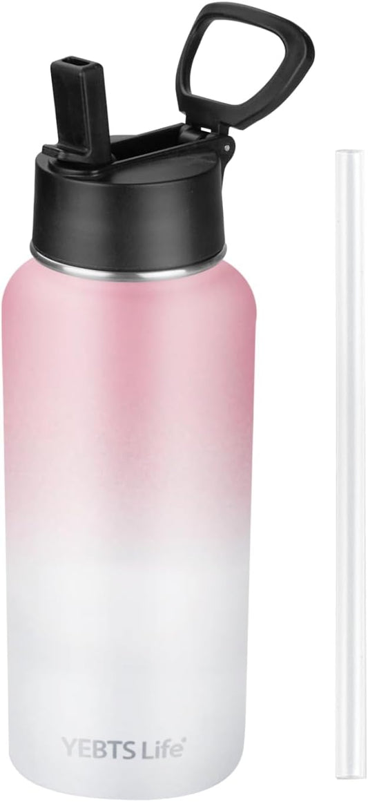 Insulated Water Bottle With Straw,32 oz Vacuum Insulated Stainless Steel Sports Water Flask,Keeps Cold and Hot,Metal Water Bottle Wide Mouth for Gym Travel Camping (Pink & White)
