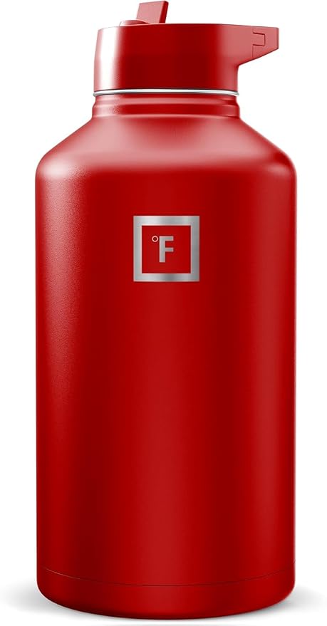 IRON °FLASK 64 oz Wide Mouth Water Bottle with Straw | Insulated Half Gallon Water Bottle with Leakproof Straw Lid - BPA Free, Cold 24 Hrs, Sweat Free (Fire Red)
