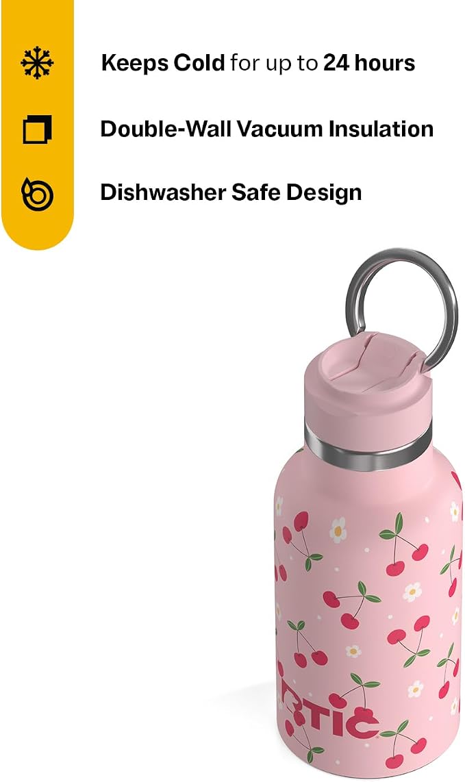 RTIC Little Journey Water Bottle with Straw, Ceramic-Lined, Insulated, Stainless Steel, Metal, Double Wall Vacuum-Insulation, Leak-Proof Lid, BPA-Free Water Flask for Sports, Travel, Sweet Cherries