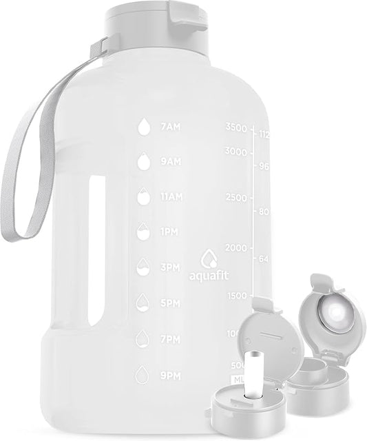 AQUAFIT 1 Gallon Water Bottle with Time Marker | BPA Free 128 oz Water Bottle with Straw and Chug Lids - Leakproof Gym Water Bottle with Carry Handle (Frosty)