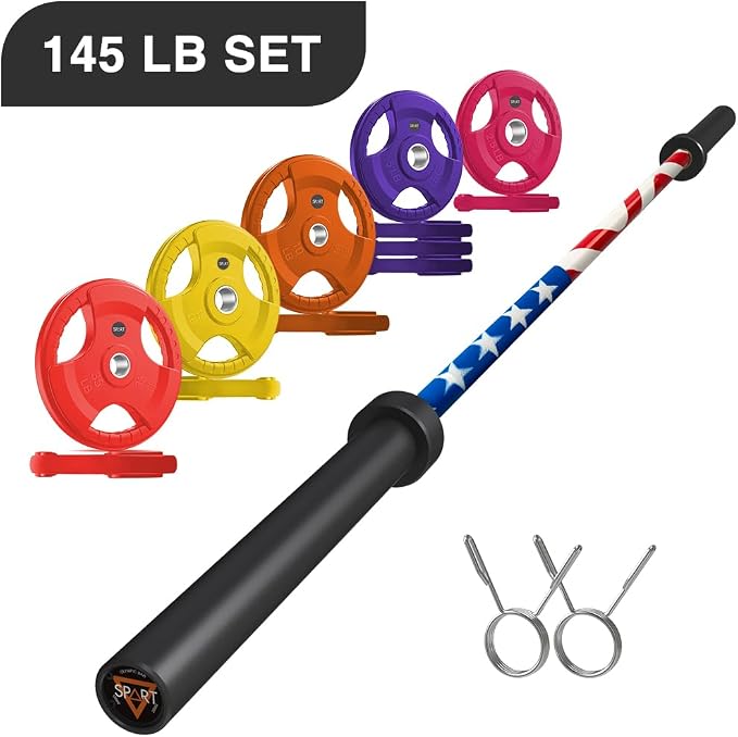 7FT Olympic Barbell Bar with Weight Plate Set Combo, Solid Olympic Bar with Bearings, 700Lbs Capacity Weight Bar for Home Gym Strength Training, Weightlifting, Powerlifting, Fit for 2" Olympic Plates