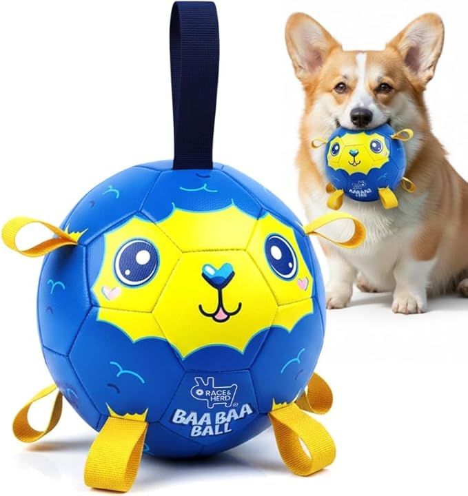 Race&Herd 7.5" Jolly Soccer Ball for Dogs - Tough Durable Dog Ball Toy with Straps, Pet Bouncy Herding Balls for Dogs, Floating Dog Balls with Tags for Water Fetch, BaaBaaBall (Ocean)