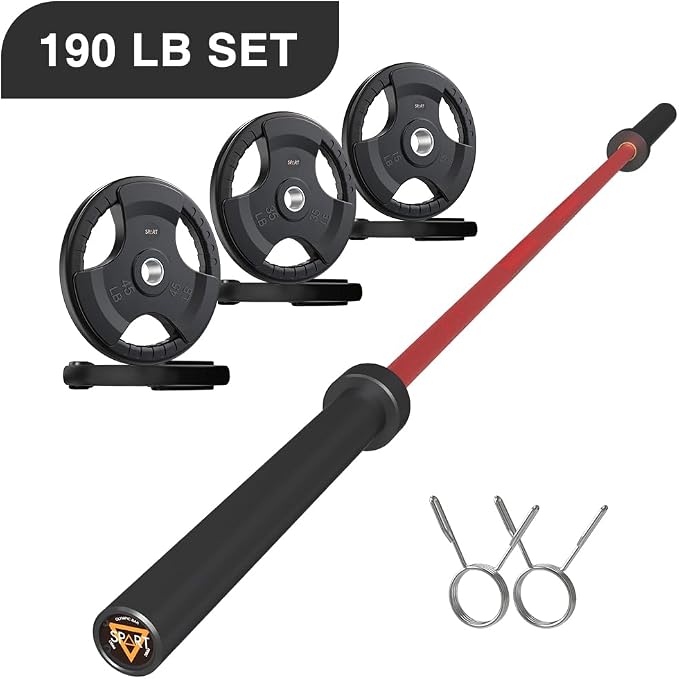7FT Olympic Barbell Bar with Weight Plate Set Combo, Solid Olympic Bar with Bearings, 700Lbs Capacity Weight Bar for Home Gym Strength Training, Weightlifting, Powerlifting, Fit for 2" Olympic Plates