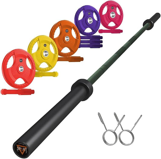 7FT Olympic Barbell Bar with Weight Plate Set Combo, Solid Olympic Bar with Bearings, 700Lbs Capacity Weight Bar for Home Gym Strength Training, Weightlifting, Powerlifting, Fit for 2" Olympic Plates