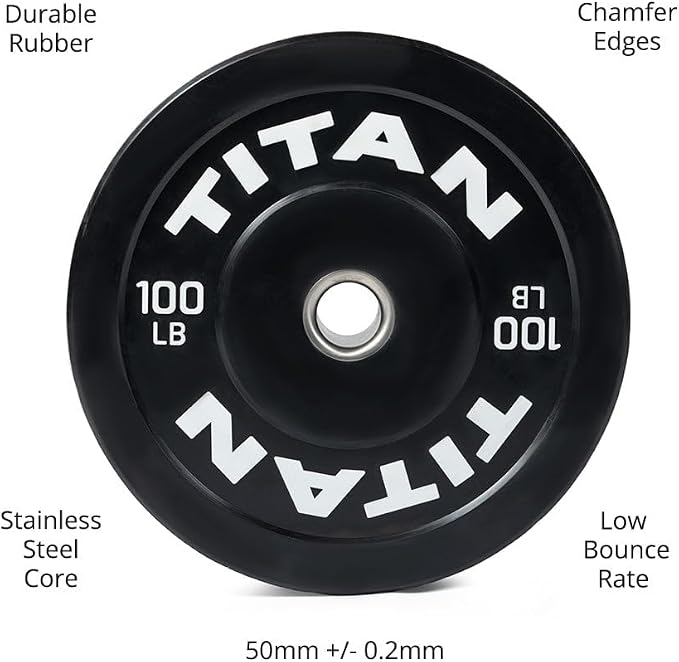 Titan Fitness Economy Series Black Olympic Bumper Plates, Durable Rubber Exterior with Steel Core, Weightlifting and Strength Training Weight Plate