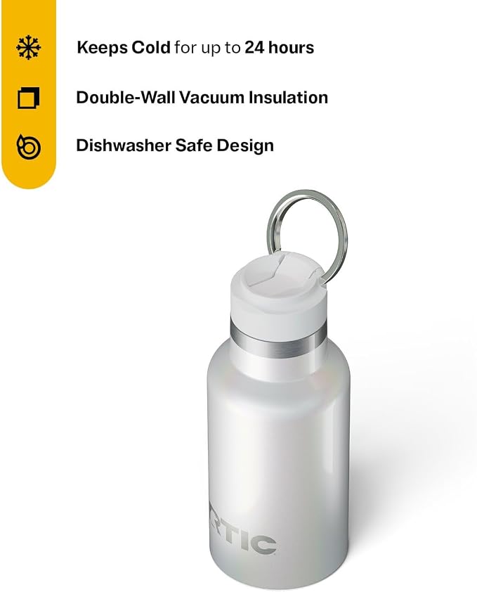 RTIC Little Journey Water Bottle with Straw, Ceramic-Lined, Insulated, Stainless Steel, Metal, Double Wall Vacuum-Insulation, Leak-Proof Lid, BPA-Free Water Flask for Sports, Travel, Cool Grey Glitter