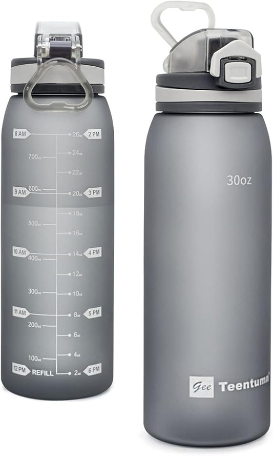 30oz Sport Water Bottle with Time Markers, Large Durable Gym Plastic Bottle Tritan BPA Free for Fitness, Outdoor Enthusiasts, Leakproof Gray (Pack of 1)
