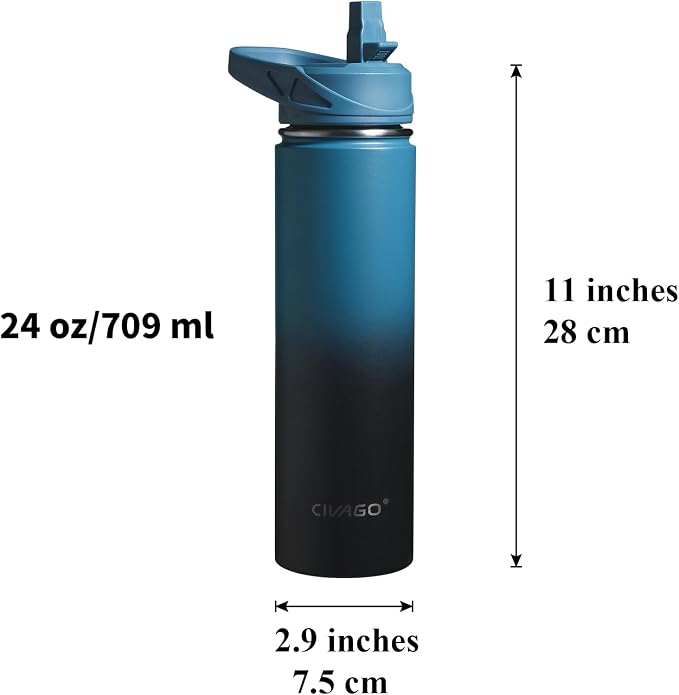 CIVAGO 24 oz Insulated Water Bottle With Straw, Stainless Steel Sports Water Cup Flask with 3 Lids (Straw, Spout and Handle Lid), Wide Mouth Travel Thermal Mug, Classic Gradient Gray