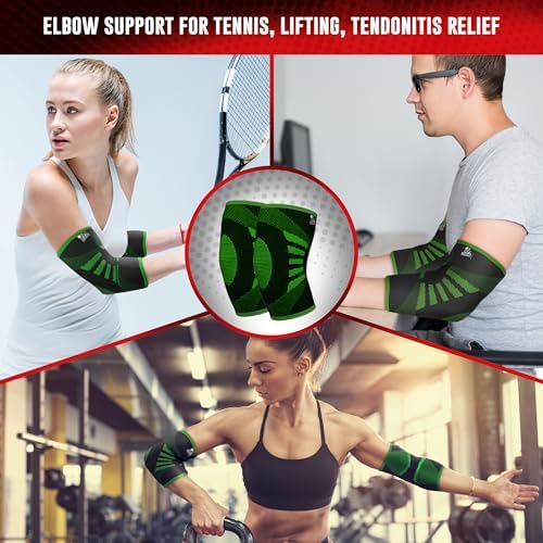Elbow Compression Sleeves (1 Pair) - Elbow Brace for Tendonitis, Tennis & Golfers Elbow - Weightlifting Support for Men & Women - Pain Relief & Joint Recovery (2, Neon Green, Large)