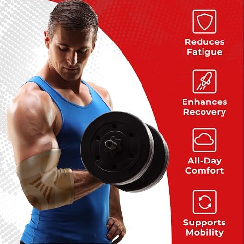 Elbow Compression Sleeves (1 Pair) - Elbow Brace for Tendonitis, Tennis & Golfers Elbow - Weightlifting Support for Men & Women - Pain Relief & Joint Recovery (2, Sandstorm Beige, Medium)