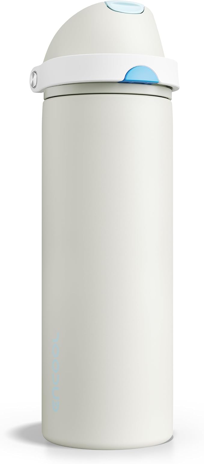 Insulated Water Bottle with Straw - Encool Stainless Steel Water Bottle with Push Button Lid, Leak-Proof & BPA-Free, Keeps Cold for 24 Hours for Sports, Travel, Gym (24 oz, Kangaroo Grey)