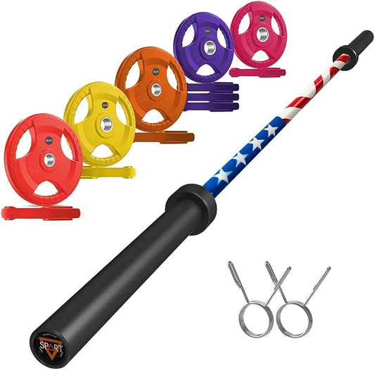 7FT Olympic Barbell Bar with Weight Plate Set Combo, Solid Olympic Bar with Bearings, 700Lbs Capacity Weight Bar for Home Gym Strength Training, Weightlifting, Powerlifting, Fit for 2" Olympic Plates