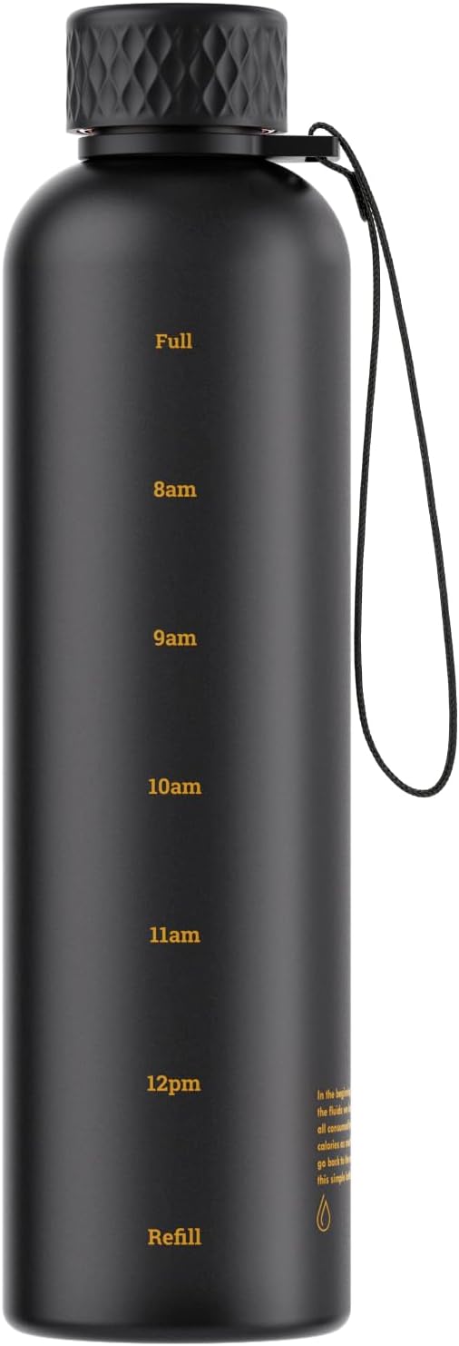 Sursip Slim Water Bottle 32 oz, Leakproof with Time Marker and Strap | Lightweight, BPA-free reusable plastic bottle fits cup holders and is dishwasher safe for gym, school, sports and travel.