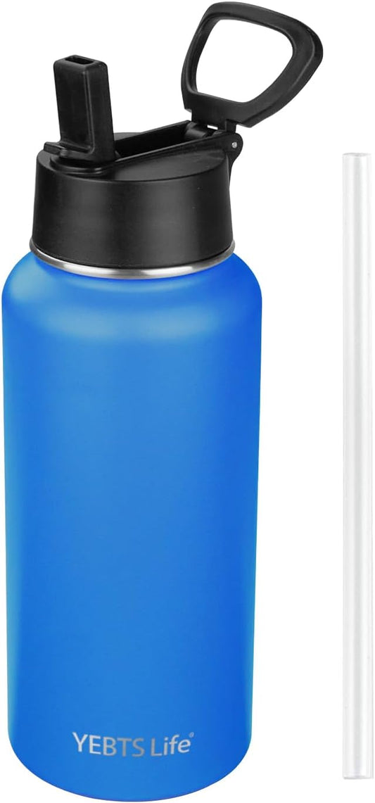 Insulated Water Bottle With Straw,32 oz Vacuum Insulated Stainless Steel Sports Water Flask,Keeps Cold and Hot,Metal Water Bottle Wide Mouth for Gym Travel Camping (Ocean blue)