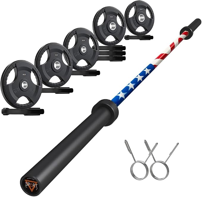 7FT Olympic Barbell Bar with Weight Plate Set Combo, Solid Olympic Bar with Bearings, 700Lbs Capacity Weight Bar for Home Gym Strength Training, Weightlifting, Powerlifting, Fit for 2" Olympic Plates
