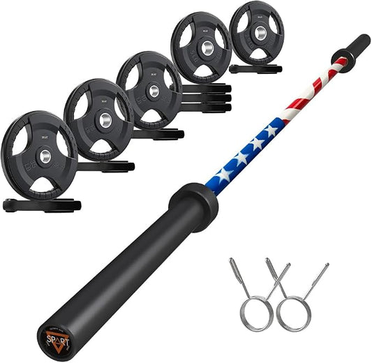 7FT Olympic Barbell Bar with Weight Plate Set Combo, Solid Olympic Bar with Bearings, 700Lbs Capacity Weight Bar for Home Gym Strength Training, Weightlifting, Powerlifting, Fit for 2" Olympic Plates