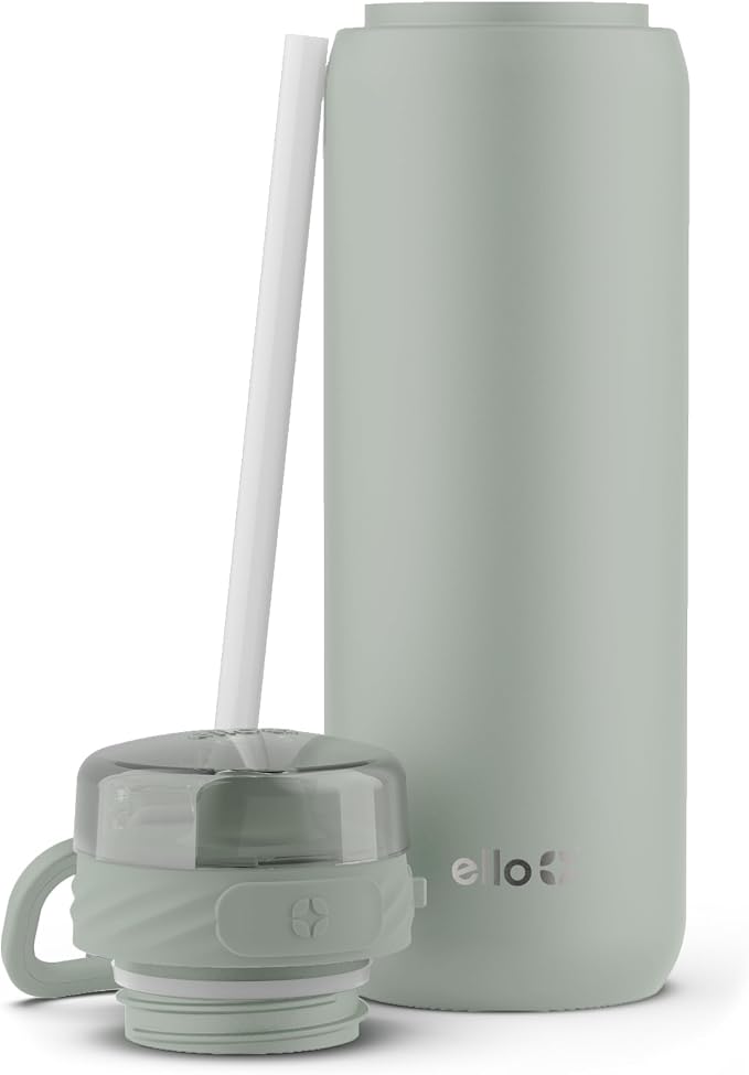 Ello Cooper 22oz Insulated Stainless Steel Water Bottle with Straw, Sage | Leakproof water bottle with straw and carry handle. BPA-free, keeps drinks cold 26 hours, great for gym, travel, and school.