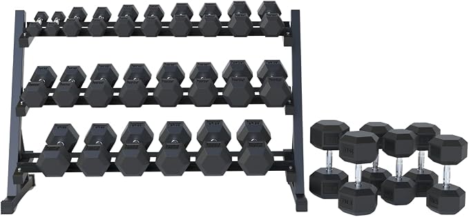 Rubber Hex Dumbbell Set with Rack, 8/10/12/15/20 Pair (450/550/780/1200/1550/2100 lbs total) Weight Rack with Dumbbells for Home Gym & Strength Training