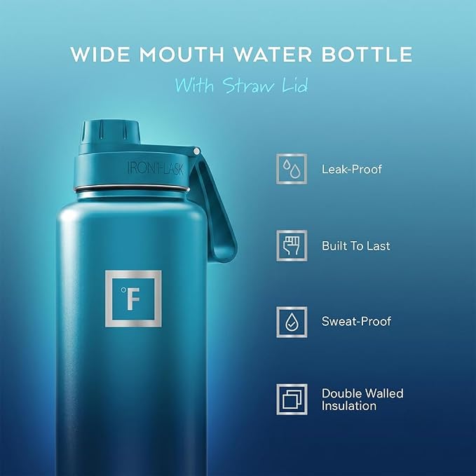 IRON °FLASK 40 oz Wide Mouth Water Bottle with Spout | Insulated Stainless Steel Sports Water Bottle with Leakproof Spout Lid - BPA Free, Cold 24 Hrs, Sweat Free (Dark Night)