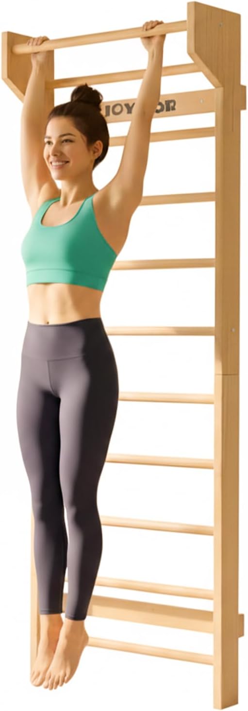 JOYMOR Gymnastics Swedish Ladder, Multiuse Exercise Ladder, Wall Mounted Pull Up Bar, Physical Therapy for Stretching and Various Exercises, Indoor Gym Workout Yoga (Wood Stall Bar)