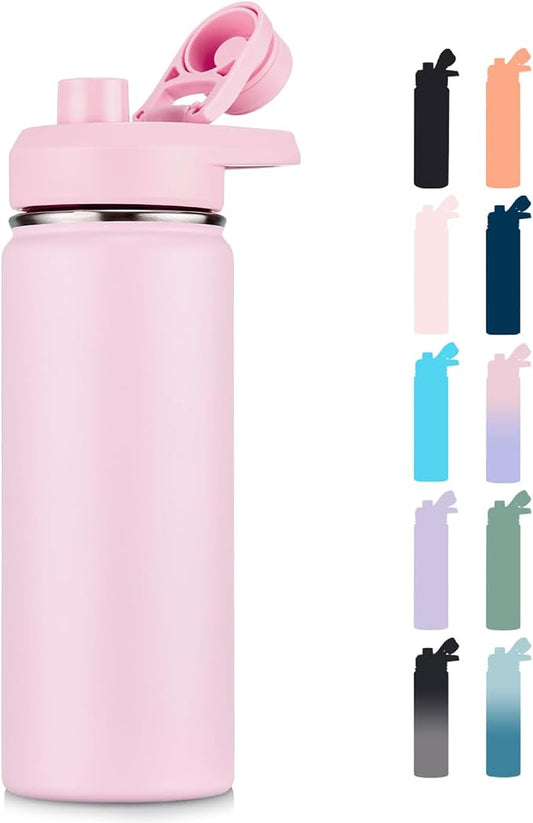 Fijinhom Insulated Water Bottle with Handle, 304 Stainless Steel Water Bottles with Wide Mouth, Double Wall Vacuum Sports Water Bottle, BPA Free, Keep Cold and Hot, 18 Ounces, Pink