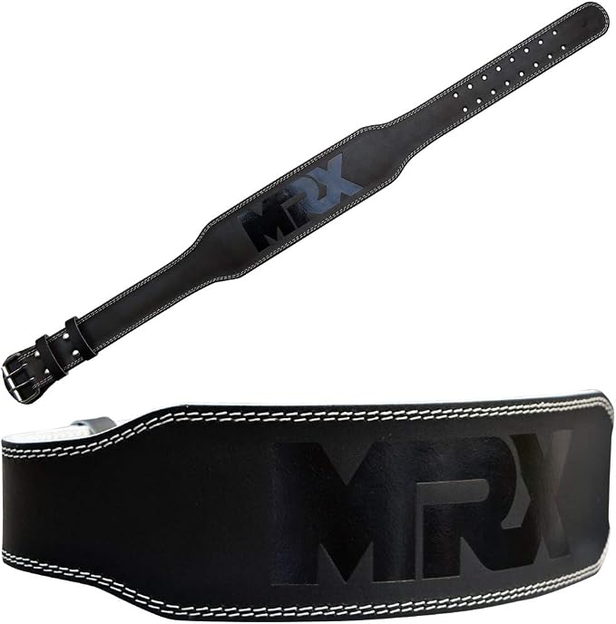 MRX Weight Lifting Belt Genuine Leather - 4 Inches Wide 8mm Thick Padded Lumbar Back Support Double Prong Powerlifting Belts Heavy Duty Deadlifts Workout Squats & Exercise Belt for Men & Women