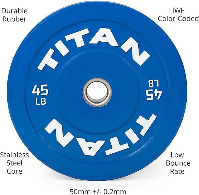 Titan Fitness Economy Olympic Bumper Plates, Color-Coded by IWF Standards, Low Bounce Rubber with Steel Insert, Weightlifting and Strength Training, Barbell Weight Set