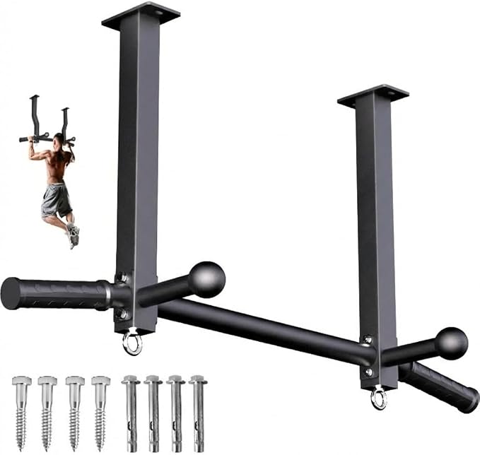 16" Ceiling Mount Pull Up Bar, Heavy Duty Steel Support 600 LBS | with Ball Finger & Round Anchors, Multi-Grip Pullup Bar, Ceiling Beam for Home/Gym/Garage/Basement, Easy Installation