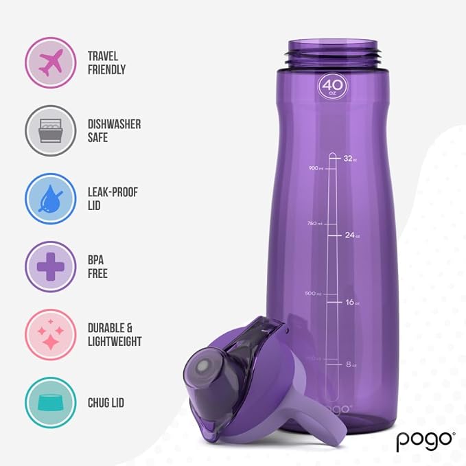 Pogo BPA-Free Tritan Plastic Water Bottle with Chug Lid, 40 Oz, Purple | Leakproof water bottle with chug lid and carry handle. BPA-free, great for travel, school, outdoors, and gym.