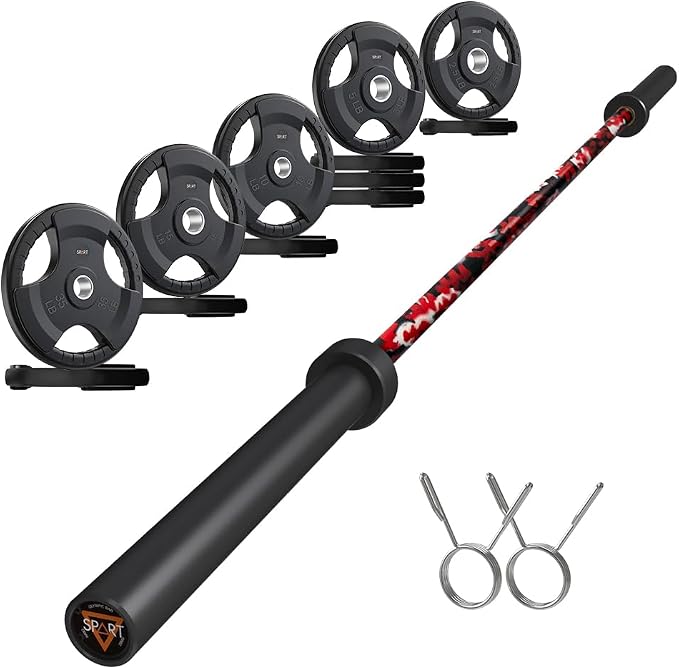 7FT Olympic Barbell Bar with Weight Plate Set Combo, Solid Olympic Bar with Bearings, 700Lbs Capacity Weight Bar for Home Gym Strength Training, Weightlifting, Powerlifting, Fit for 2" Olympic Plates
