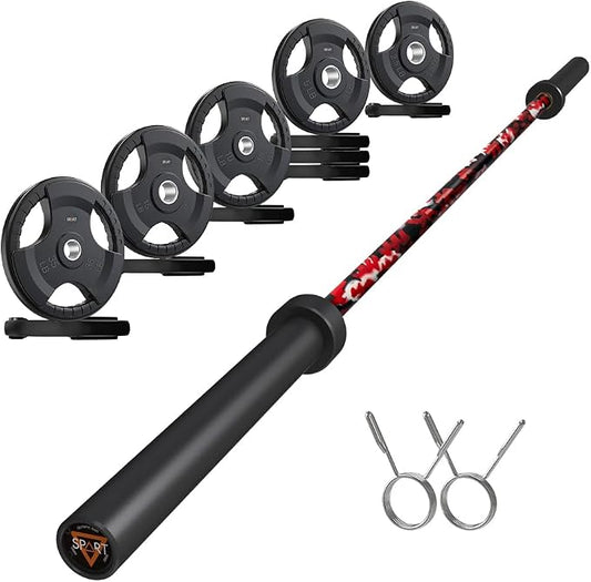 7FT Olympic Barbell Bar with Weight Plate Set Combo, Solid Olympic Bar with Bearings, 700Lbs Capacity Weight Bar for Home Gym Strength Training, Weightlifting, Powerlifting, Fit for 2" Olympic Plates